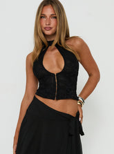 Aylah Lace Keyhole Tie Neck Top Black