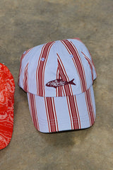 Blue Cotton Stripe Cap with Fish Embroidery