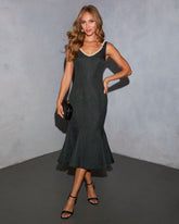 Indre Tweed Embellished Trim Fishtail Midi Dress