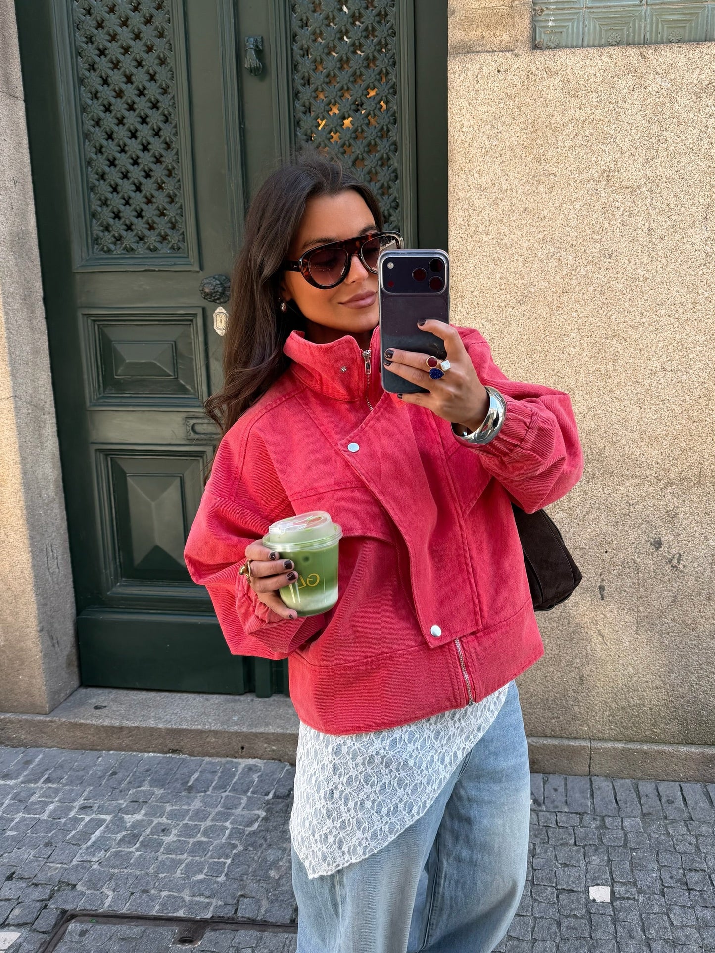 Washed High Neck Jacket in Coral