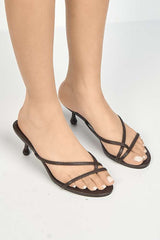 Sylvia Toepost Strappy Slip On Kitten Heel Mules in Brown