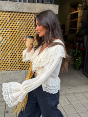 Lace Detail Ruffle Blouse in Cream - Shipping/Envio 24/04 to 30/04