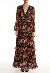 True Decadence Black Flower Chiffon V-neck Maxi Dress