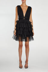 True Decadence Elle Black Plunge-Front Tiered Tulle Mini Dress