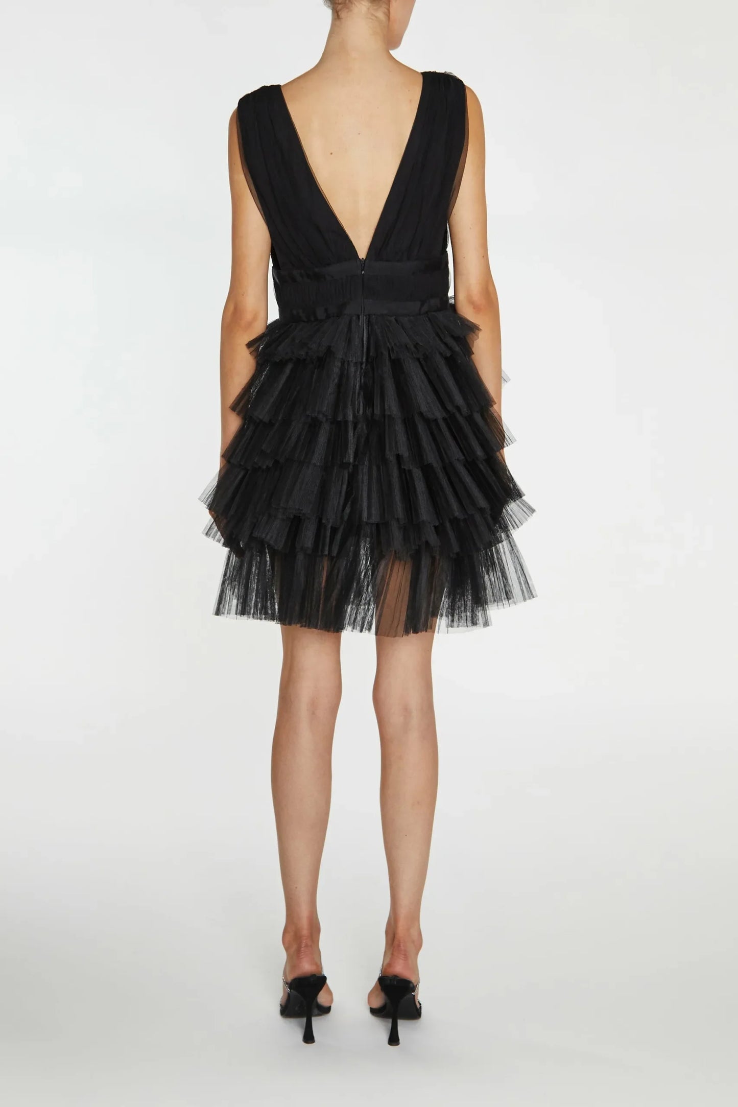 True Decadence Elle Black Plunge-Front Tiered Tulle Mini-Dress