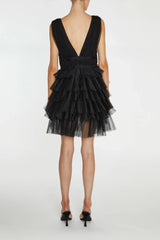 True Decadence Elle Black Plunge-Front Tiered Tulle Mini-Dress