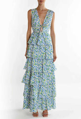 True Decadence White-Blueberry Print Genevieve Tiered Maxi Dress
