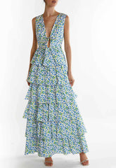 True Decadence White-Blueberry Print Genevieve Tiered Maxi Dress
