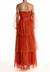 True Decadence Soft-Rust Bardot Tiered Maxi Dress