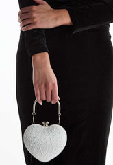 True Decadence Silver & Pearl Embellished Heart Shape Purse