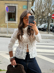 Lace Tie Front Top in Off-White