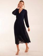 Wrap Front Pleated Midi Dress