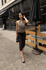 SATIN HALTER COWL NECK TOP