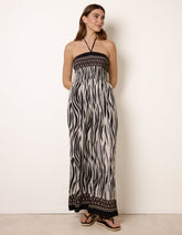 Zebra Print Halter Neck Shirred Waist Jumpsuit