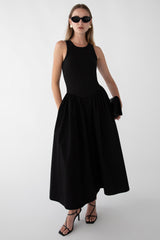 POPLIN RIB-KNIT DROP WAIST MIDI DRESS