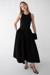 POPLIN RIB-KNIT DROP WAIST MIDI DRESS