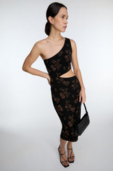 ONE SHOULDER KNIT FLORAL MIDI DRESS WITH CUTOUT