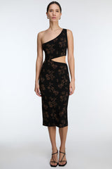 ONE SHOULDER KNIT FLORAL MIDI DRESS WITH CUTOUT