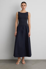 BOAT NECK GATHERED WAIST MIDI DRESS