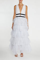 true Decadence Eliza White Fully Lined Plunging Neck Maxi Dress with Layered Tulle Skirt