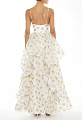 True Decadence Ingrid Peach-Floral Organza Layered Ruffle Strappy Maxi Dress
