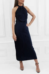 Honor Gold Tiana Plisse Pleated Navy Maxi Skirt
