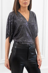 Honor Gold Paris Silver/Black Sequin Wrap Bodysuit Top