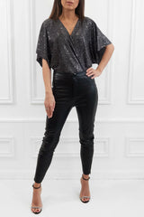 Honor Gold Paris Silver/Black Sequin Wrap Bodysuit Top