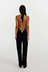 Honor Gold Black Sasha Backless Wide Leg Jumpsuit With Gold Leaf Trim