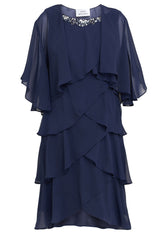 Gina Bacconi Navy Toni Chiffon Tier Jacket Dress