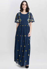 Gina Bacconi Navy Embroidered Dress With Flowers