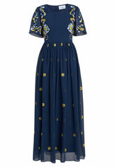 Gina Bacconi Navy Embroidered Dress With Flowers