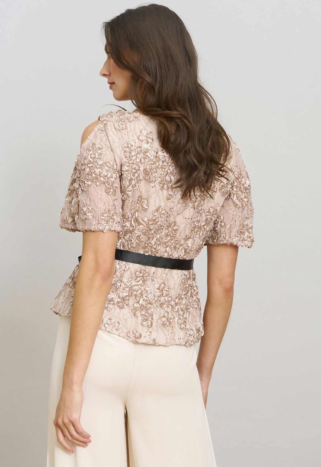 Gina Bacconi Nude Kitty V Neck Lace Blouse