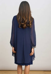 Gina Bacconi NAVY Lexie Embellished Sleeves Dress
