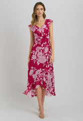 Gina Bacconi Red and White Marilyn Floral Print Yoryu Dress