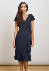 Gina Bacconi NAVY Ruffle Hem Crepe Dress