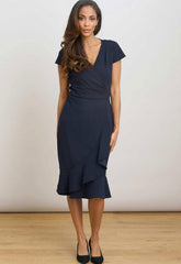 Gina Bacconi NAVY Ruffle Hem Crepe Dress