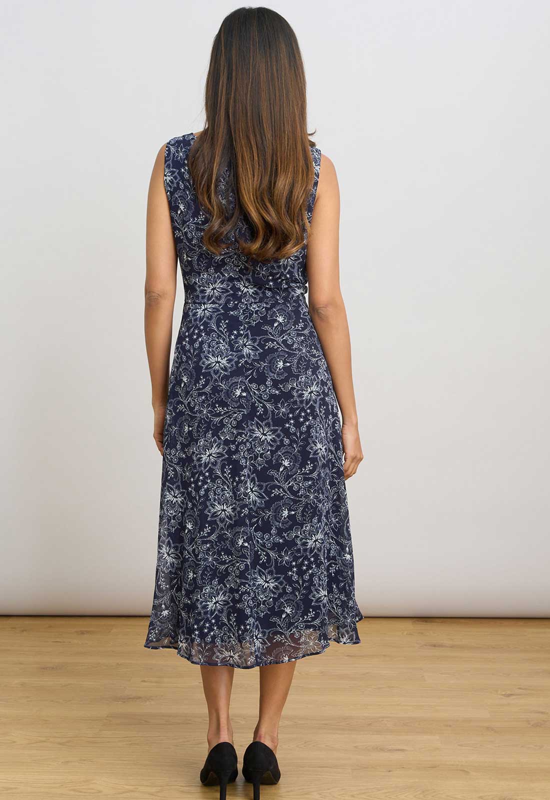 Gina Bacconi Navy Octavia Chiffon Floral Midi Dress