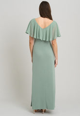 Gina Bacconi Sage Peaches V Neck Chiffon Frill Maxi Dress