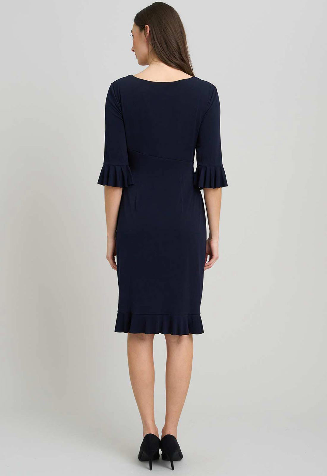 Gina Bacconi NAVY Faux Wrap Jersey Dress With Frill Hem
