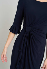 Gina Bacconi NAVY Faux Wrap Jersey Dress With Frill Hem