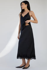 LACE TRIM SATIN MIDI SKIRT