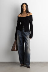 TWO-WAY ZIP FRONT OFF SHOULDER SWEATER