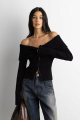 TWO-WAY ZIP FRONT OFF SHOULDER SWEATER