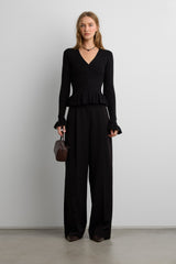 RIB-KNIT RUFFLED BUTTON FRONT CARDIGAN