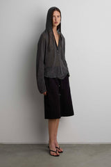 SHEER LINEN BLEND HOODIE WITH BUTTON FRONT
