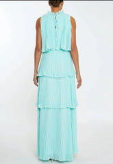True Decadence Tara Aqua Tiered Pleated Maxi Dress with High Ruffle Neck