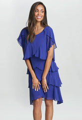 Gina Bacconi Trysta Bugle Beaded Trim Tiered Cocktail Dress With Flitter Sleeves