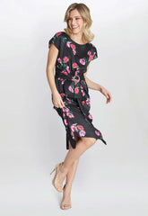 Gina Bacconi Saffron Floral Print Satin Dress With Buckle