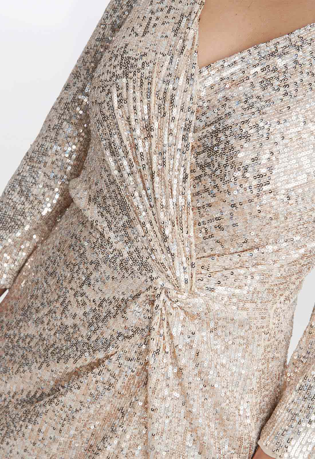 Gina Bacconi Taupe Amanda Knot Front Sequin Dress